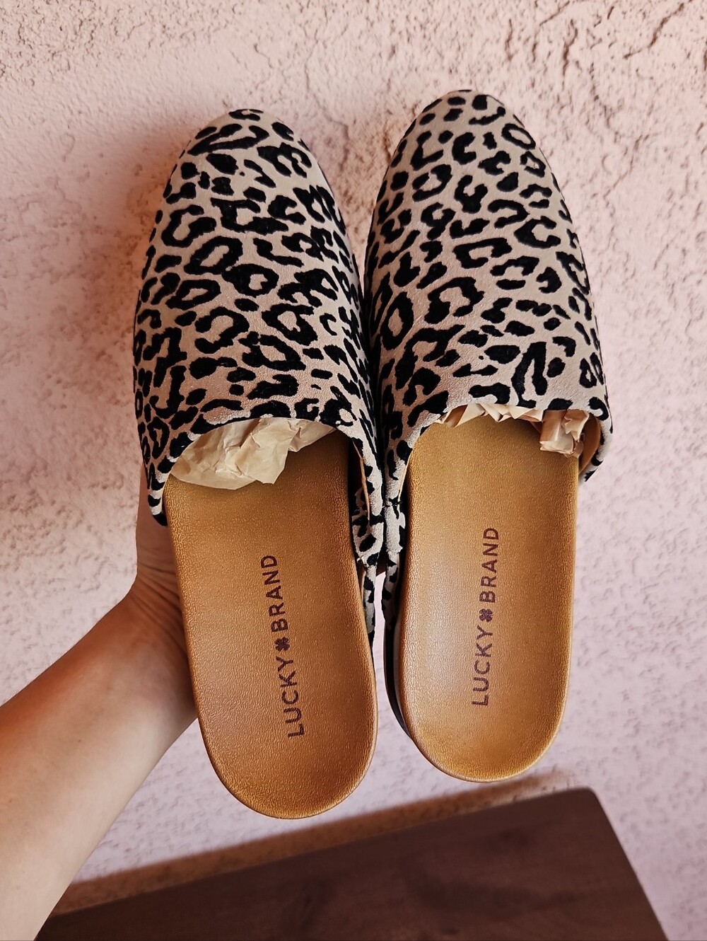 Lucky Brand Delsha Suede Leather Leopard Print Slip-On Mules Shoes Size 8.5